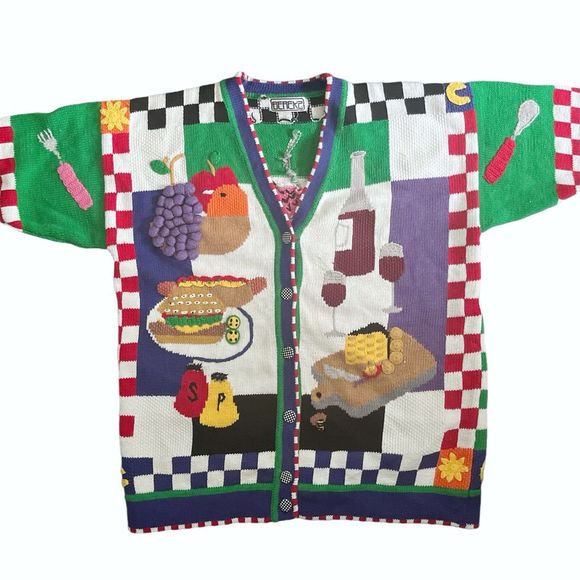 🔥insane🔥 Vintage Colorful BETEKZ 3/4 Sleeved Cardigan Picnic Themed - Picture 11 of 15